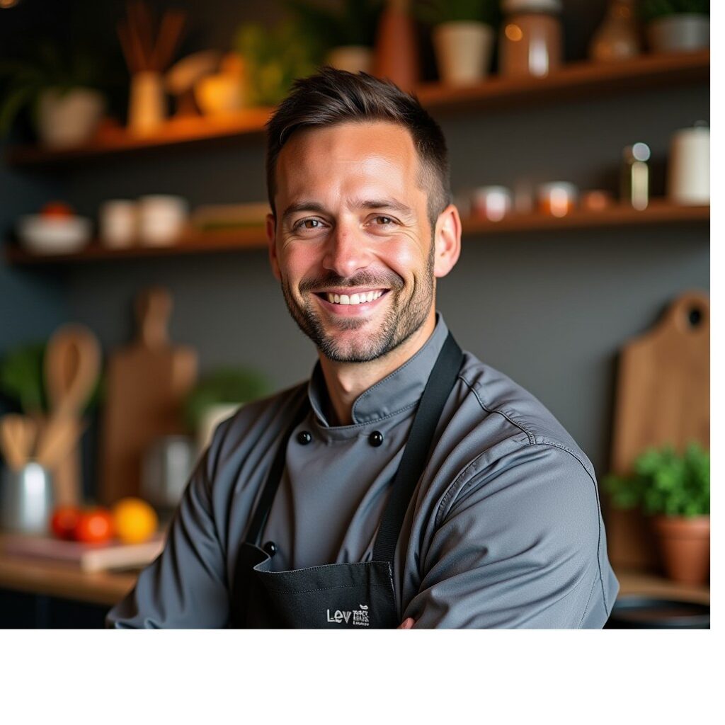 "Chef Ryan smiling in a modern kitchen, wearing a white apron with a wooden cutting board and fresh vegetables in the background. 