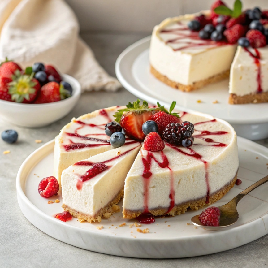 A beautifully sliced icebox cheesecake on a serving plate, topped with fresh berries and a drizzle of fruit sauce, set against a light background.