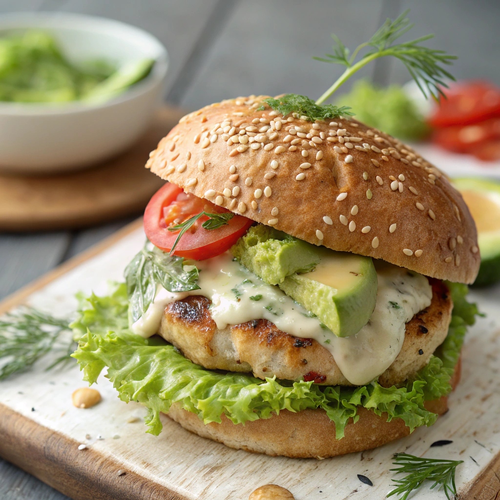 A juicy avocado chicken burger oozing with fresh toppings, served on a sesame bun with lettuce, tomato, and a creamy sauce, garnished with a sprig of fresh herbs.