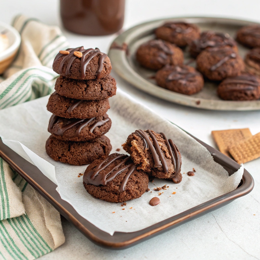 A plate of chewy, chocolatey no-bake cookies stacked on a parchment paper-lined tray, with some drizzled with extra chocolate.