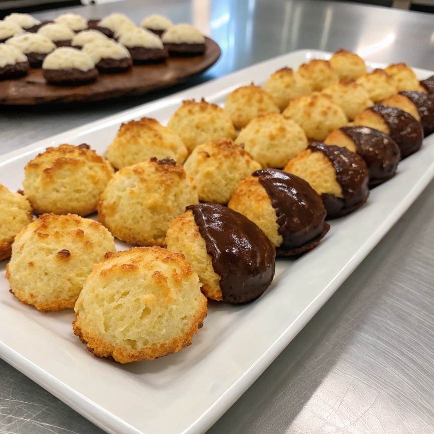 A plate of golden coconut macaroons, some dipped in chocolate, arranged on a white platter.