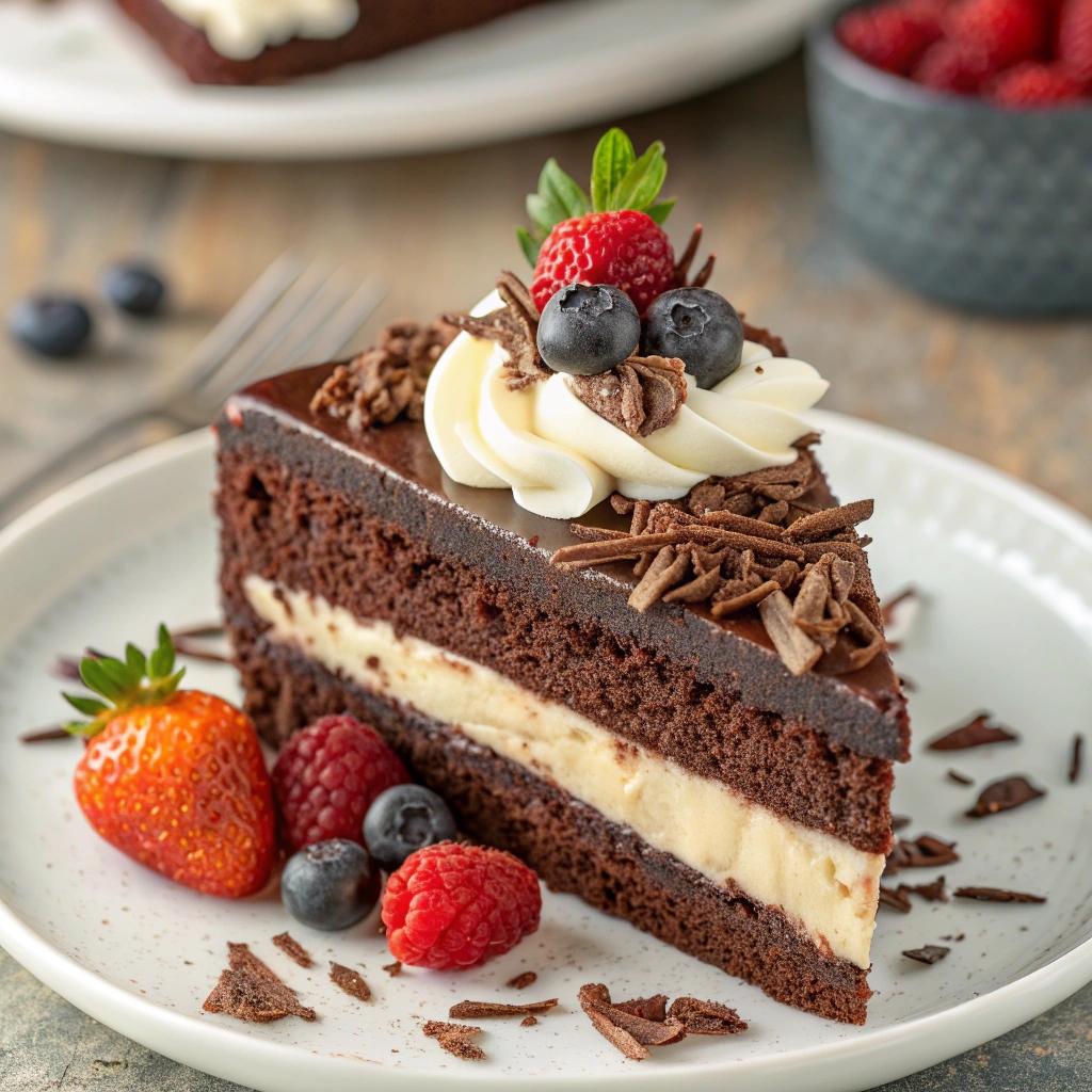 A slice of rich chocolate cake layered with smooth custard filling, topped with whipped cream, chocolate shavings, and fresh berries.