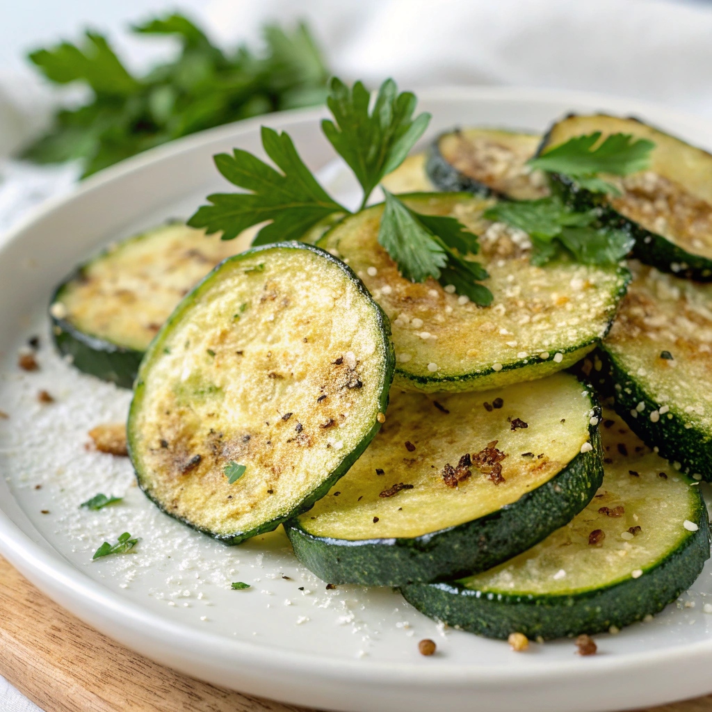 Crispy fried zucchini slices on a plate, garnished with fresh herbs, with dipping sauces served on the side.