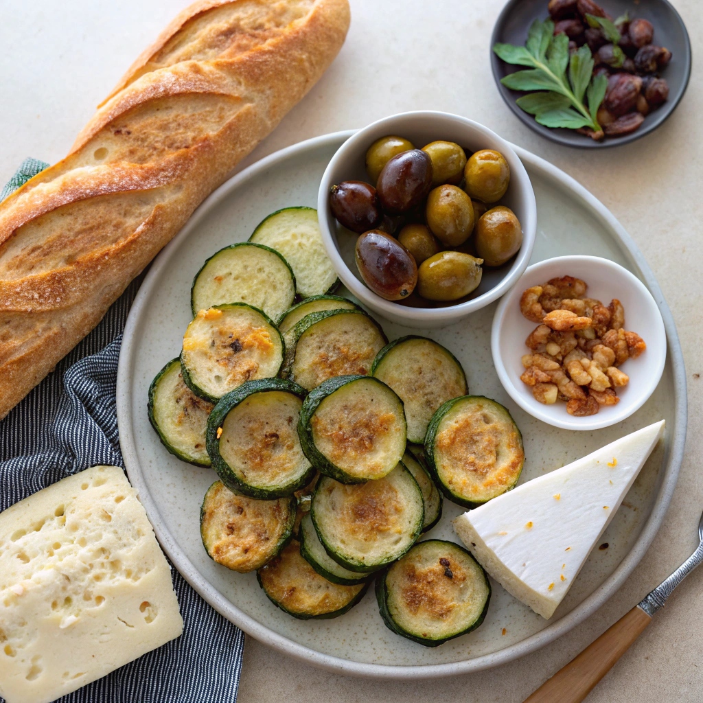 A colorful Mediterranean-inspired appetizer platter featuring crispy fried zucchini slices, assorted olives, blocks of cheese, sliced baguette, and fresh herbs.