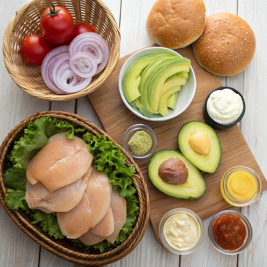 An arrangement of the ingredients for making avocado chicken burgers, including raw chicken, ripe avocado, fresh lettuce, tomato slices, buns, and condiments like mayonnaise and spices.