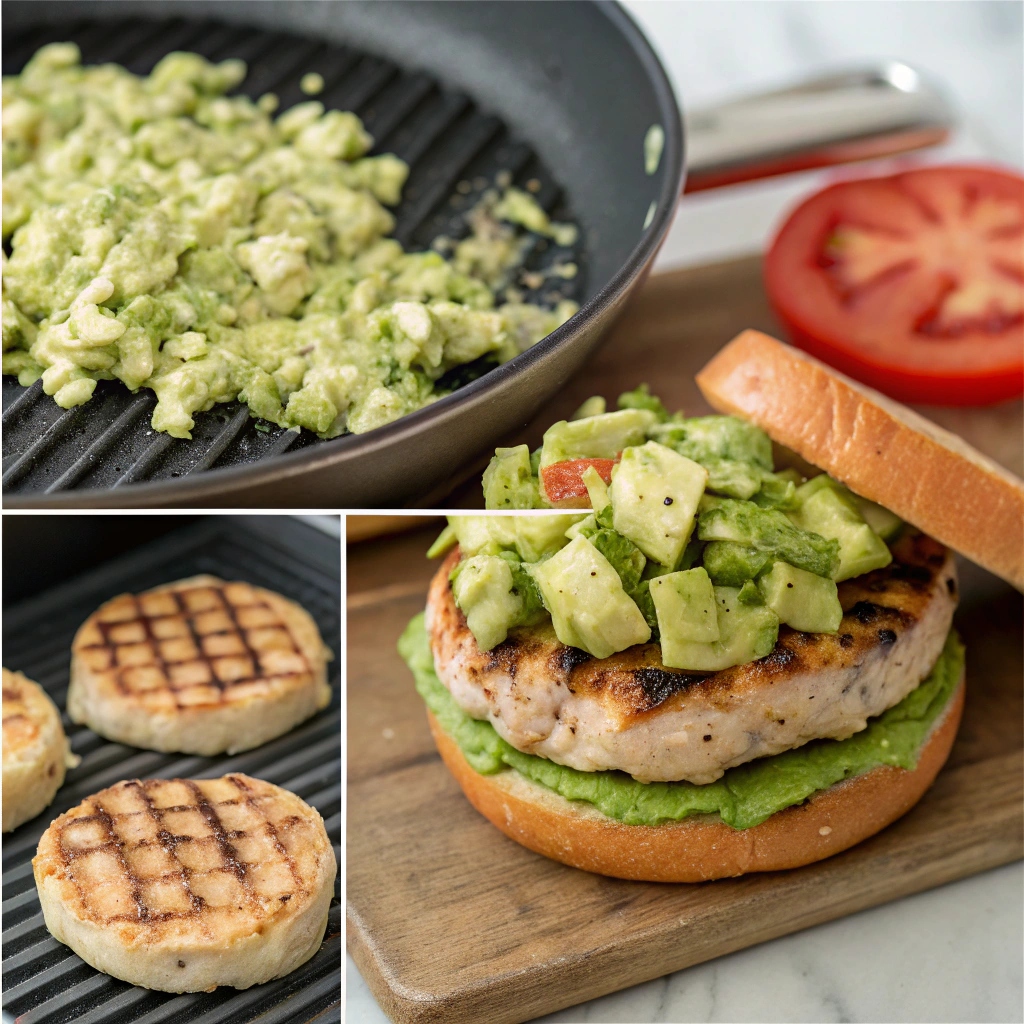 A step-by-step collage showing how to prepare avocado chicken burgers: mixing ingredients, forming patties, cooking, and assembling the burger with toppings.