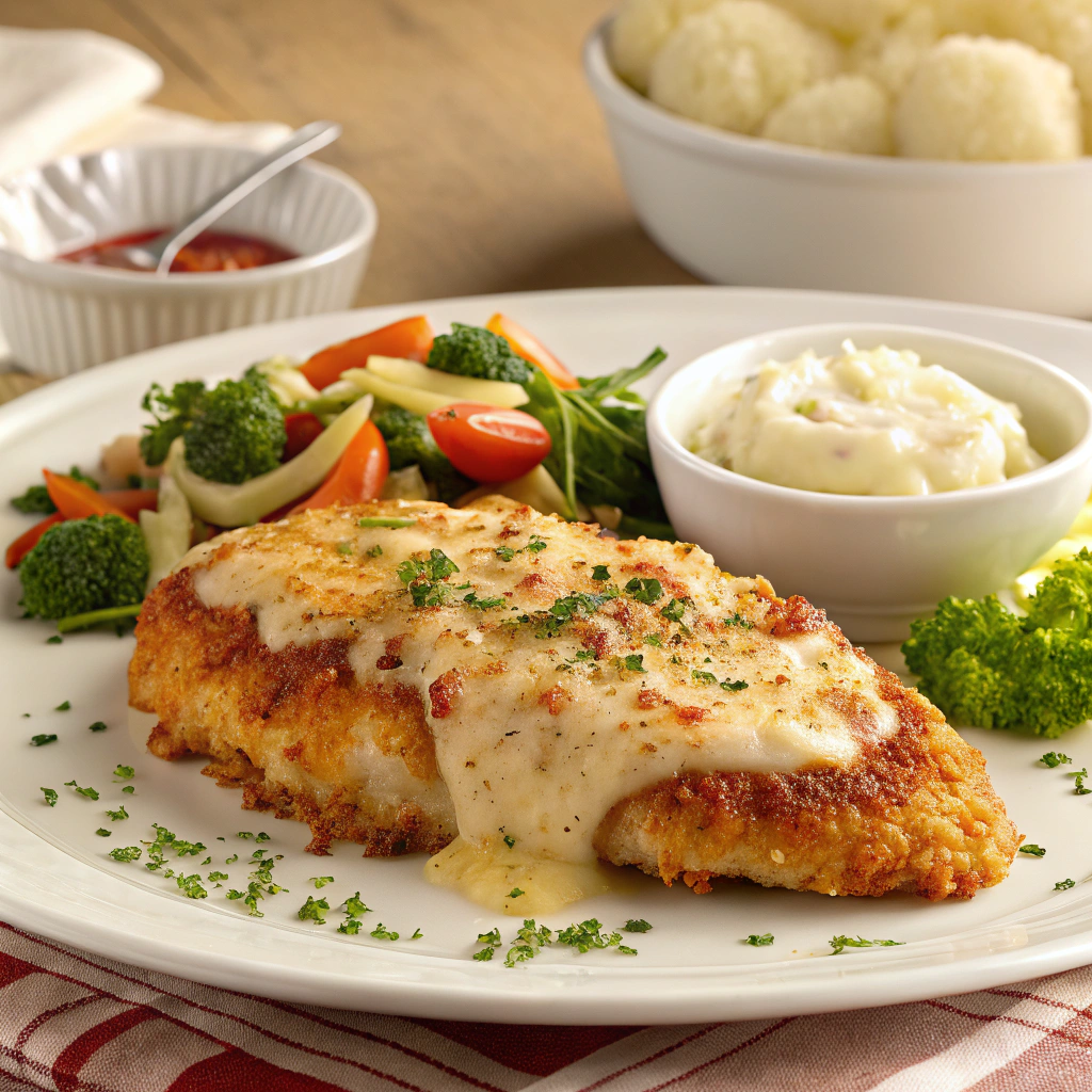 Crispy, golden-brown baked Parmesan chicken topped with melted mozzarella and fresh herbs, ready to serve alongside pasta and a side salad.