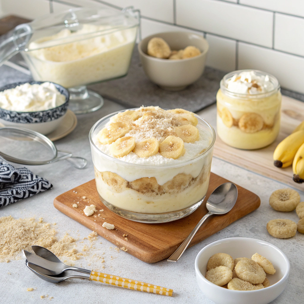 A delicious bowl of classic Southern banana pudding with layers of vanilla wafers, ripe bananas, and creamy homemade custard.