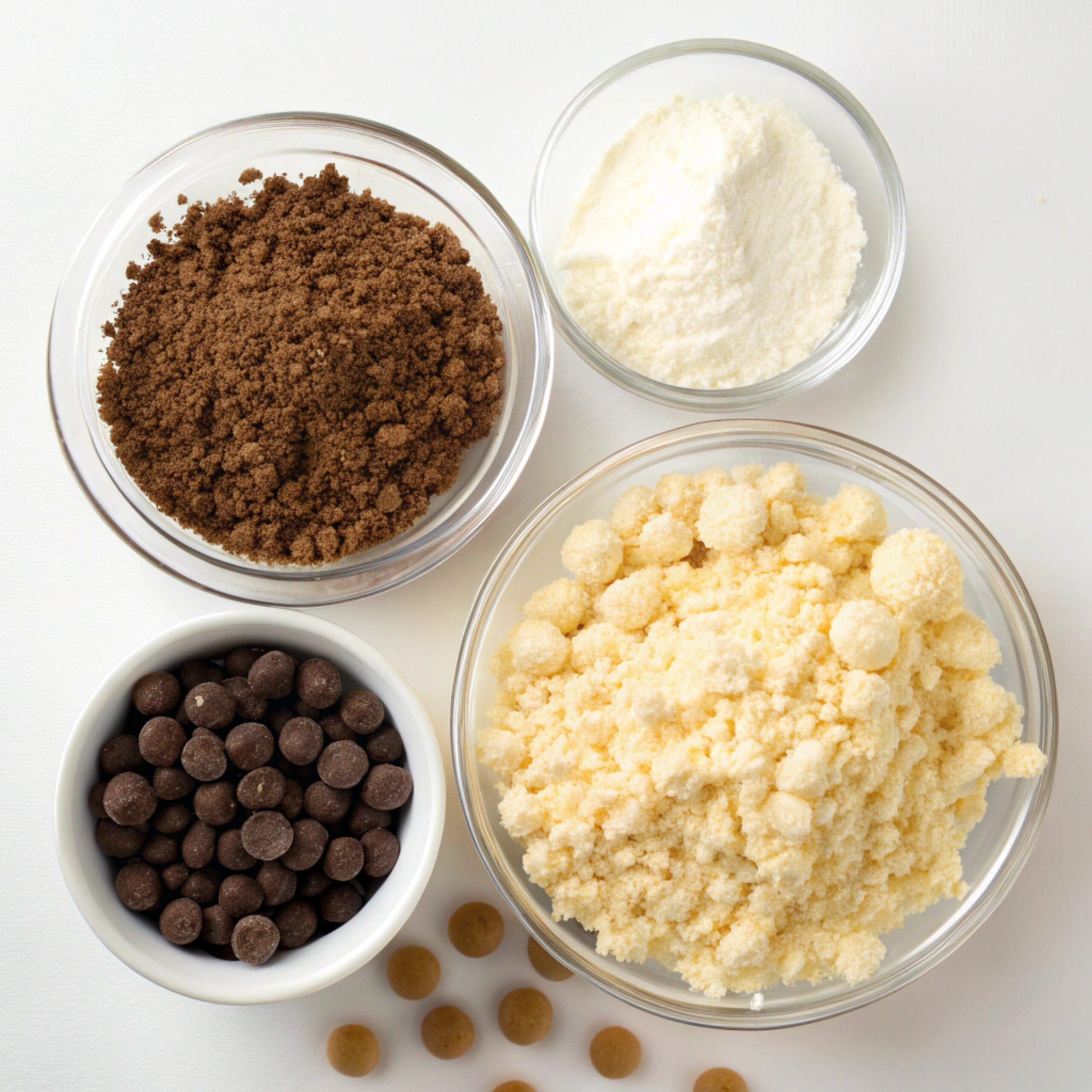 Arrangement of ingredients for making cake pops, including crumbled cake, frosting, chocolate, sprinkles, and decorating tools.
