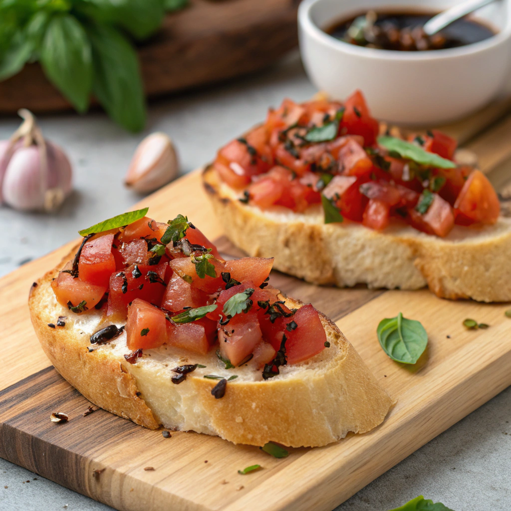 "Delicious bruschetta with fresh tomatoes, basil, and garlic on crispy toasted bread, served as a classic Italian appetizer."