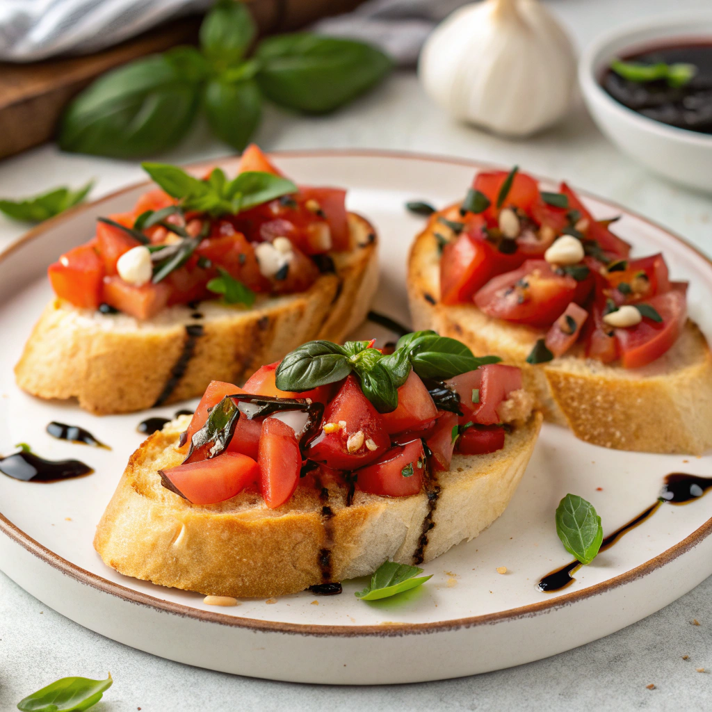 "Delicious bruschetta with fresh tomatoes, basil, and garlic on crispy toasted bread, served as a classic Italian appetizer."