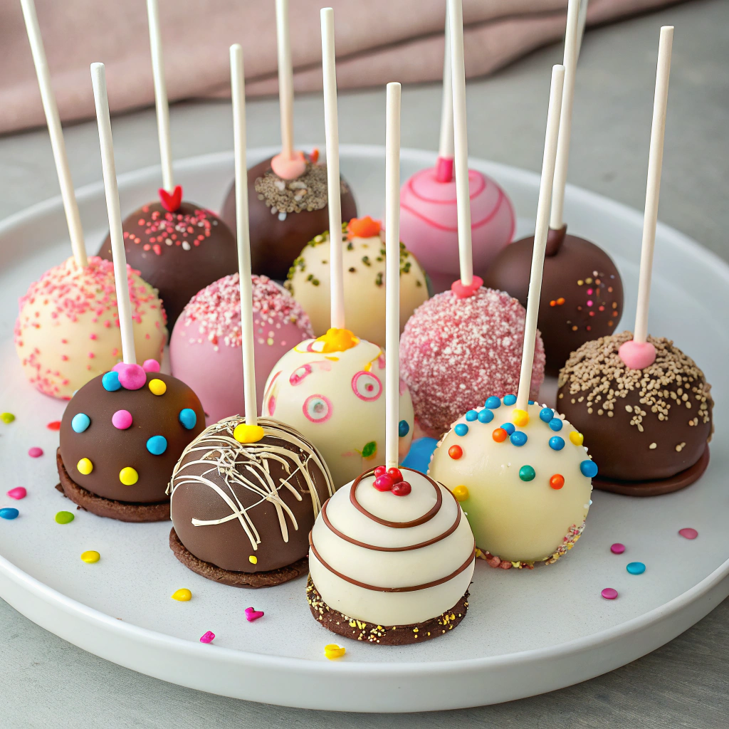 "An image showing a delicious batch of cake pops, decorated with colorful sprinkles and drizzled with chocolate, ready to be served."