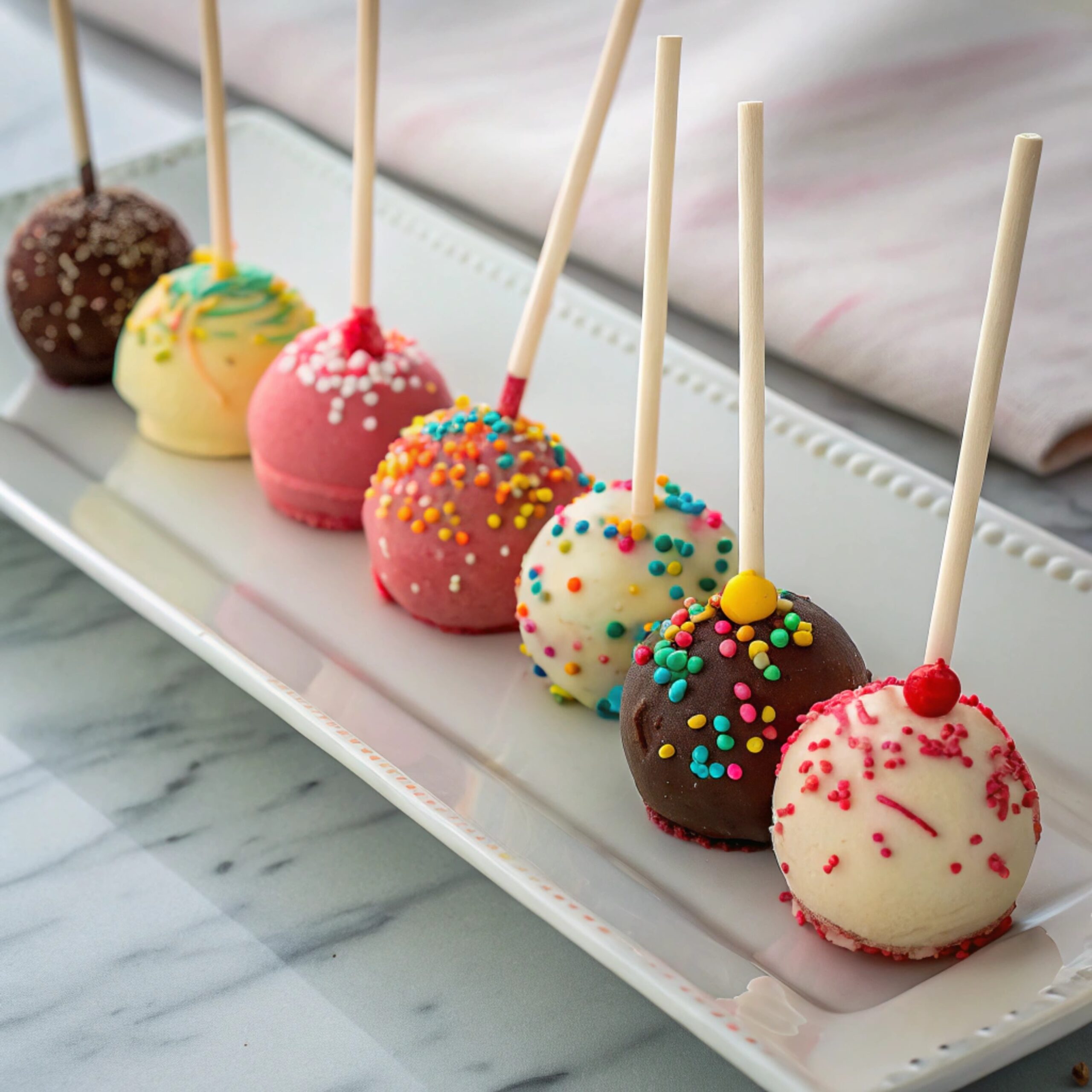 Colorfully decorated cake pops coated in chocolate with sprinkles, displayed on a white platter for a party.