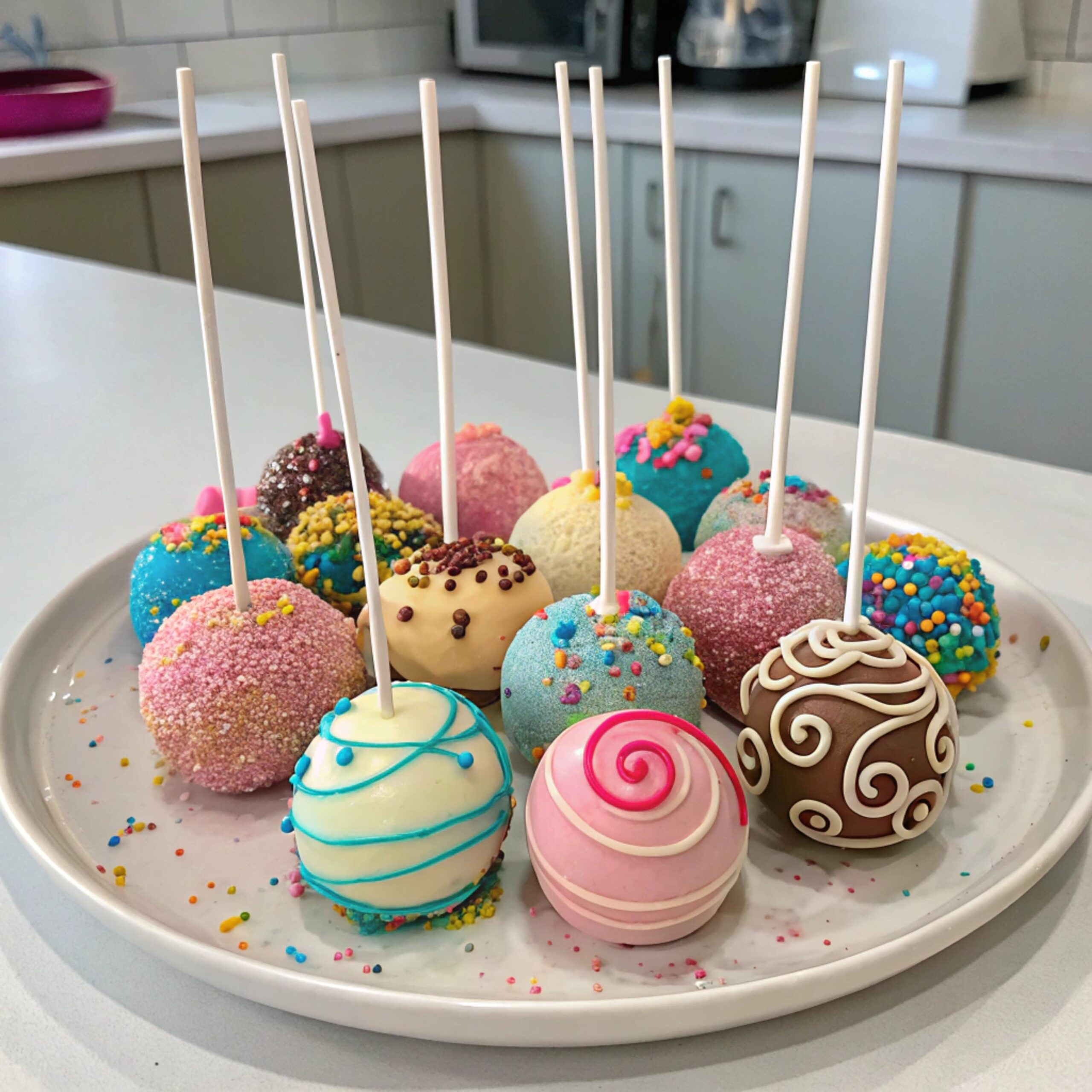 Colorfully decorated cake pops arranged on a platter, showcasing a variety of designs and vibrant coatings perfect for celebrations.