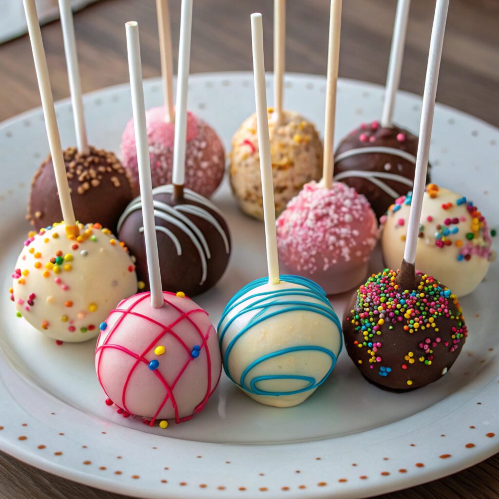 Assorted cake pops with different colorful coatings and decorations arranged on a decorative serving tray.