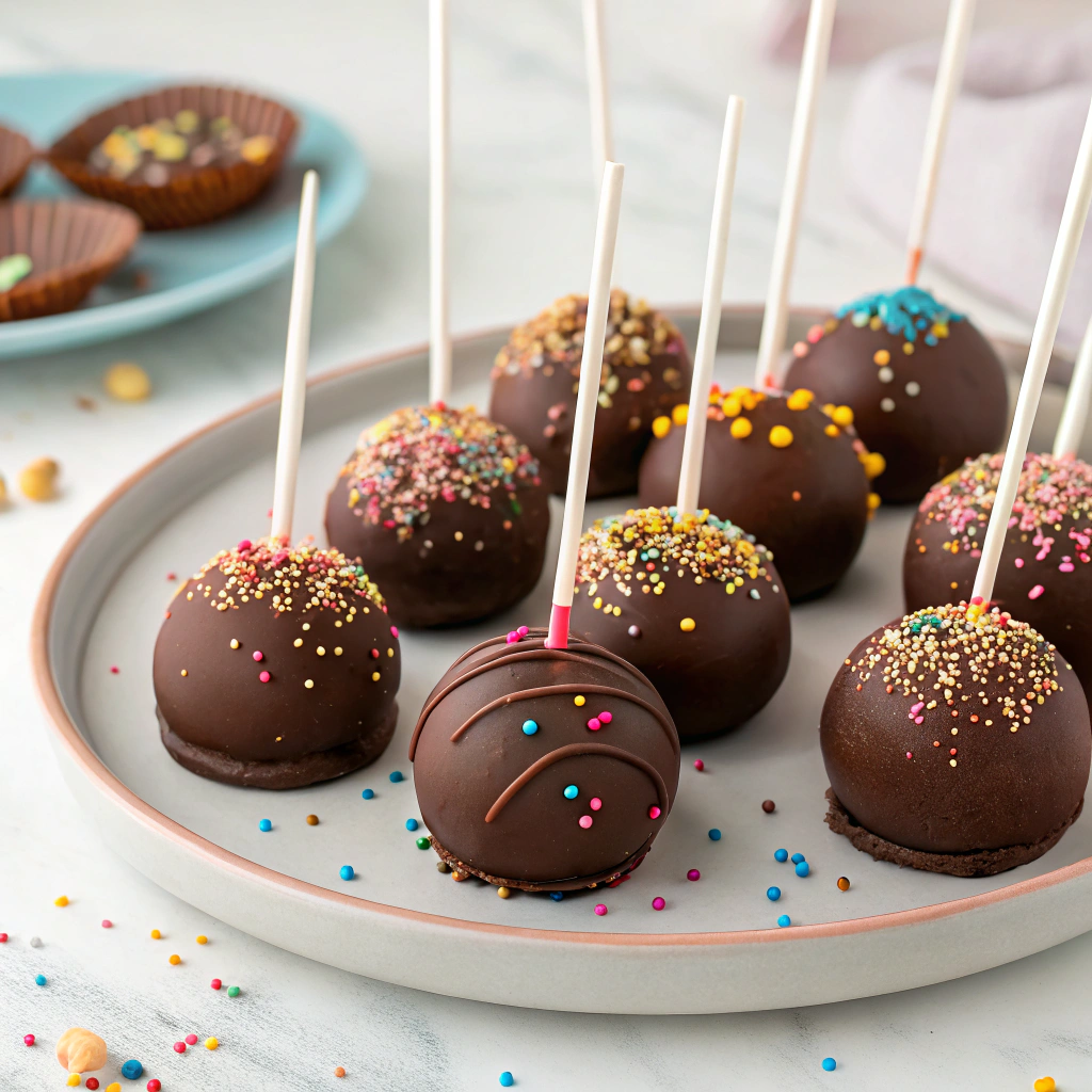 "An image of chocolate cake pops coated in smooth chocolate and decorated with sprinkles, arranged neatly on a tray."