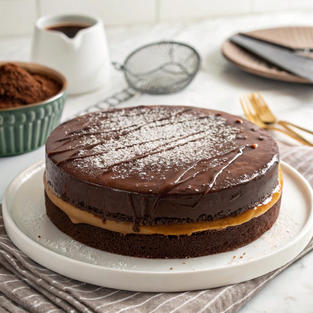 simple chocolate custard cake with a smooth, glossy chocolate surface on a plain white plate.