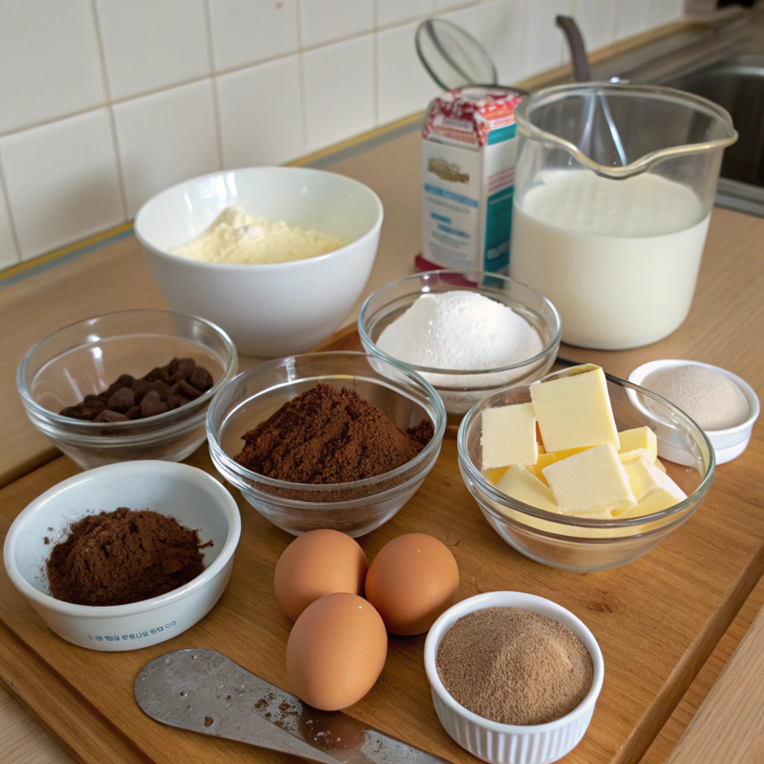 A flat lay of ingredients for chocolate custard cake, including dark chocolate bars, eggs, milk, cocoa powder, sugar, butter, and flour arranged on a white surface.