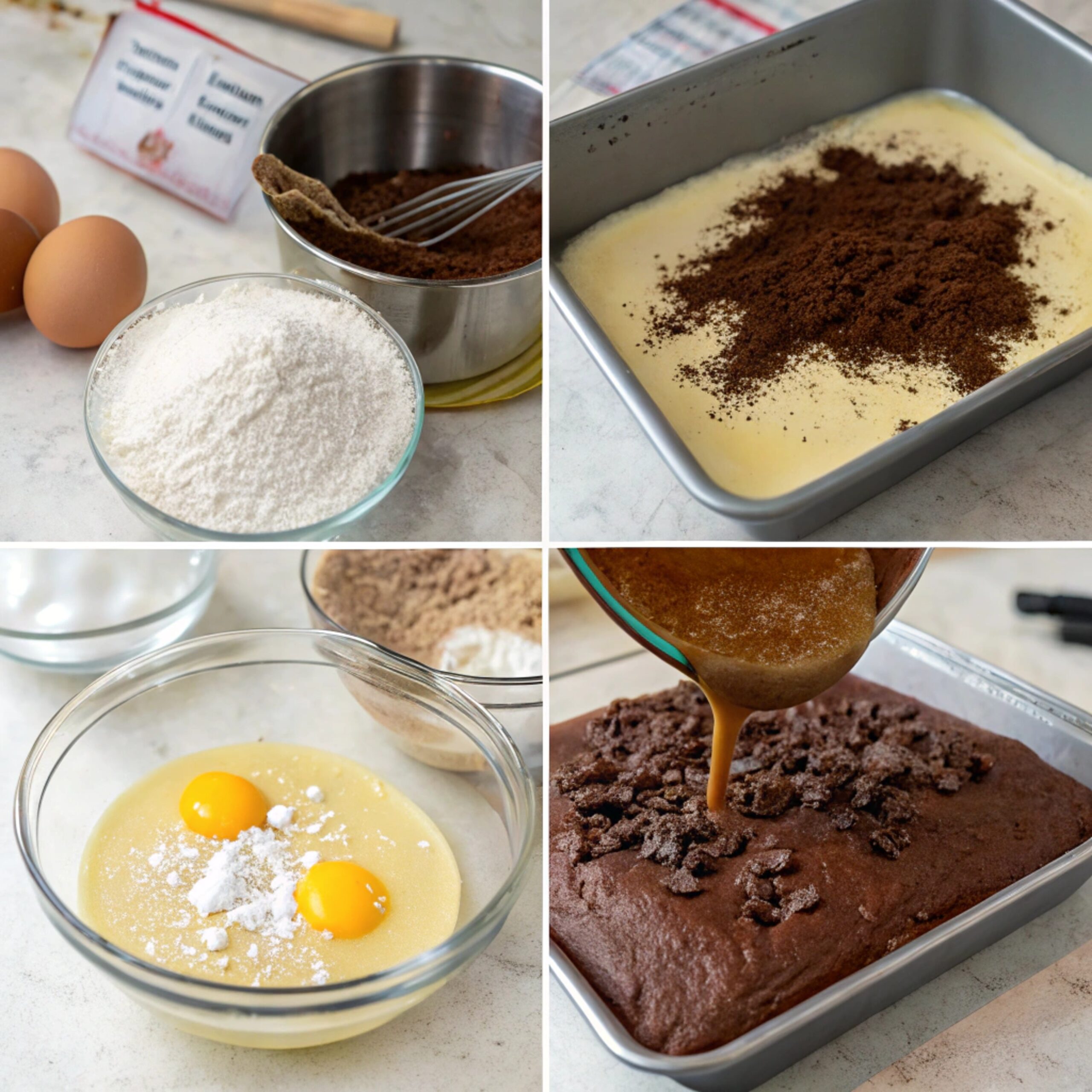 A series of steps images showing the process of making chocolate custard cake, including mixing ingredients, folding egg whites, pouring batter into a baking dish, and the baked cake cooling.