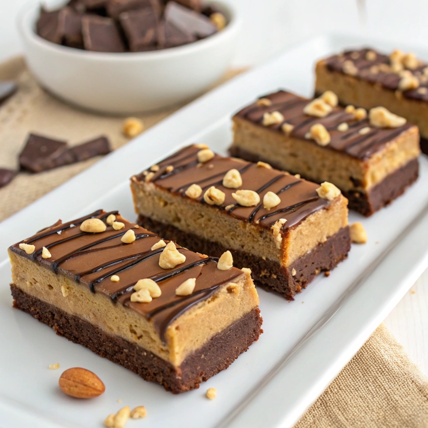 A close-up image of chocolate peanut butter bars with a layered appearance, showing a creamy peanut butter layer topped with smooth chocolate, cut into squares on a white plate.