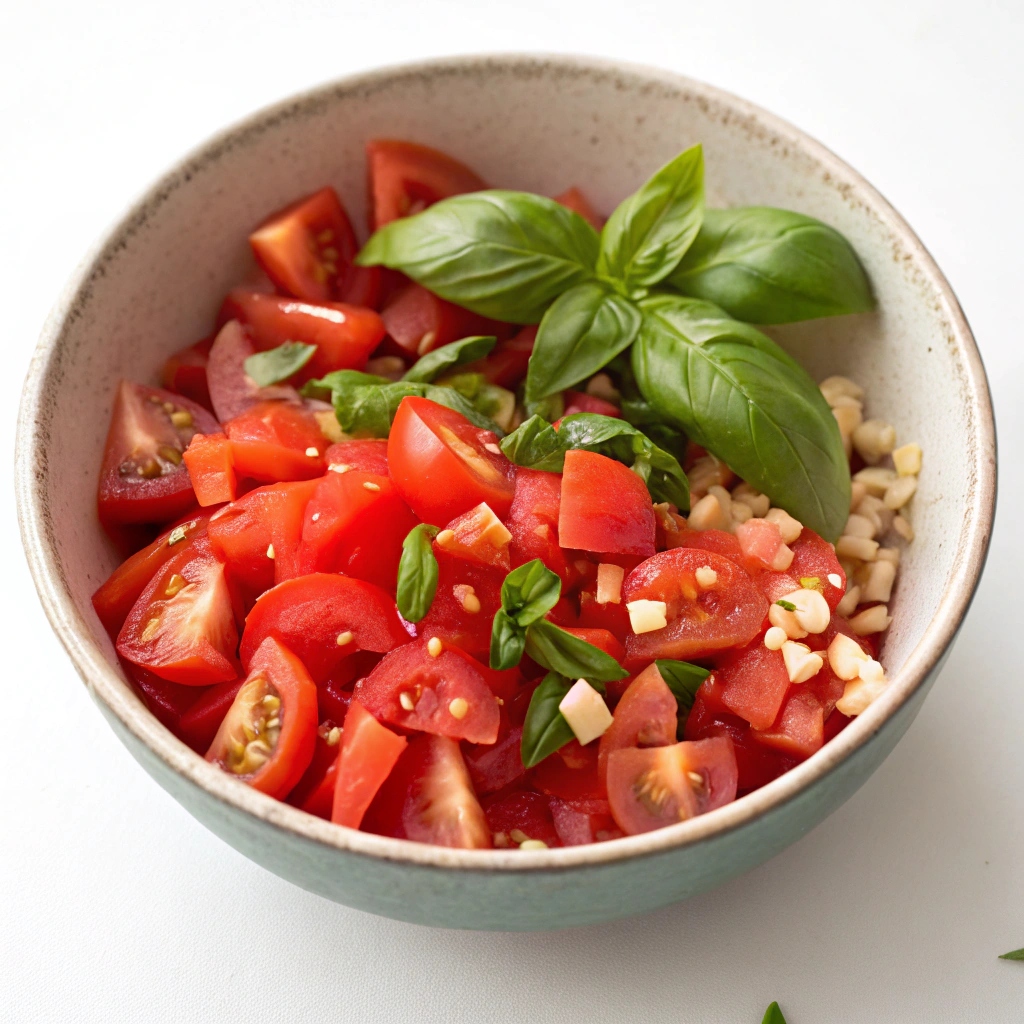 fresh tomato, basil, garlic, and olive oil in a medium bowl for bruschetta topping.