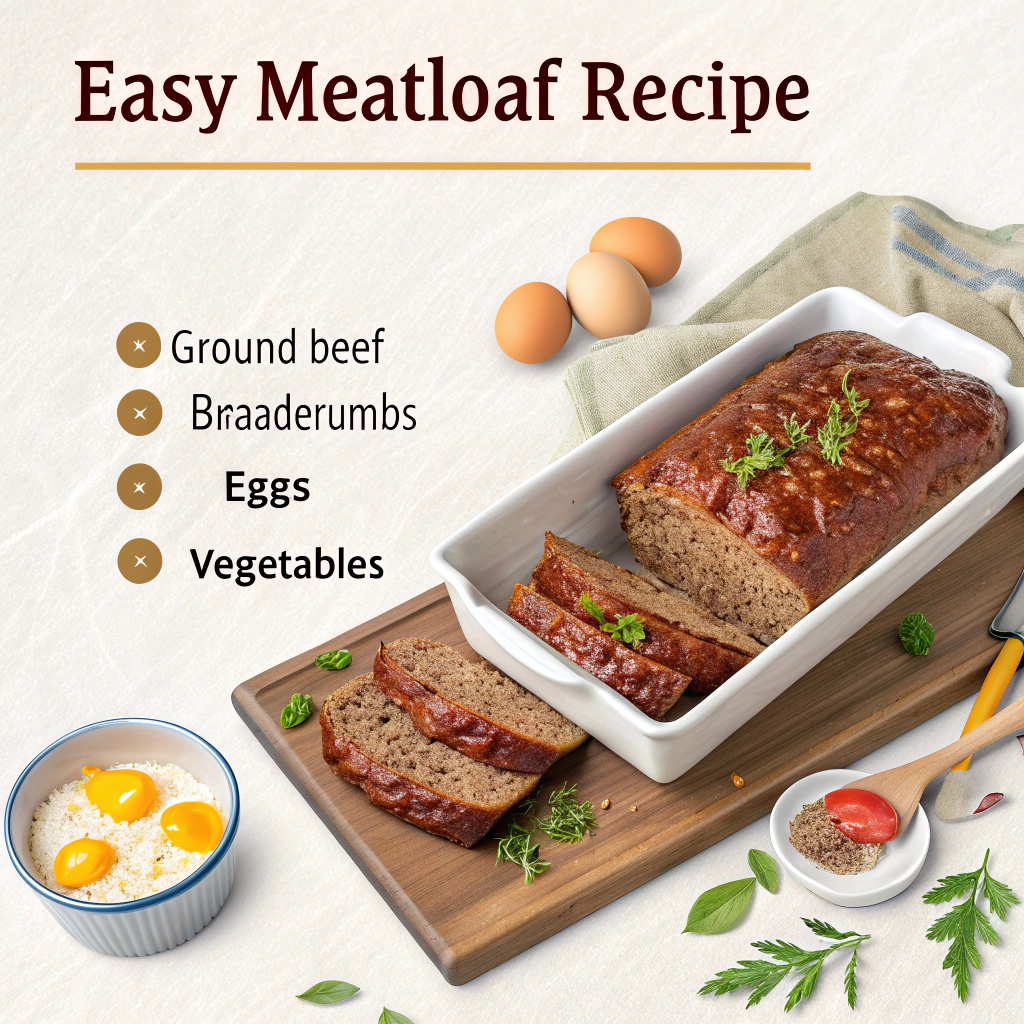 A delicious, golden-brown meatloaf resting on a cutting board, garnished with a drizzle of savory sauce and ready to be sliced.