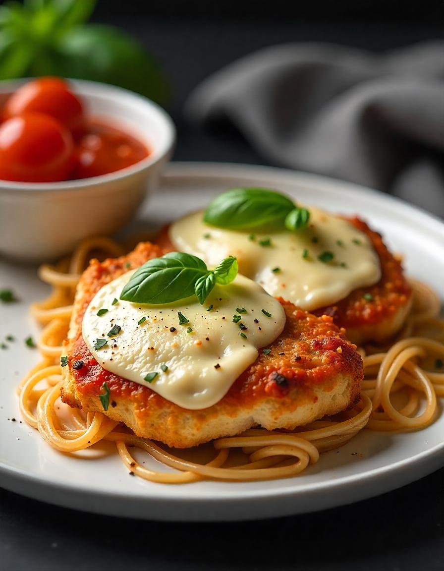 Crispy, golden-brown baked Parmesan chicken topped with melted mozzarella and fresh herbs, ready to serve alongside pasta and a side salad.