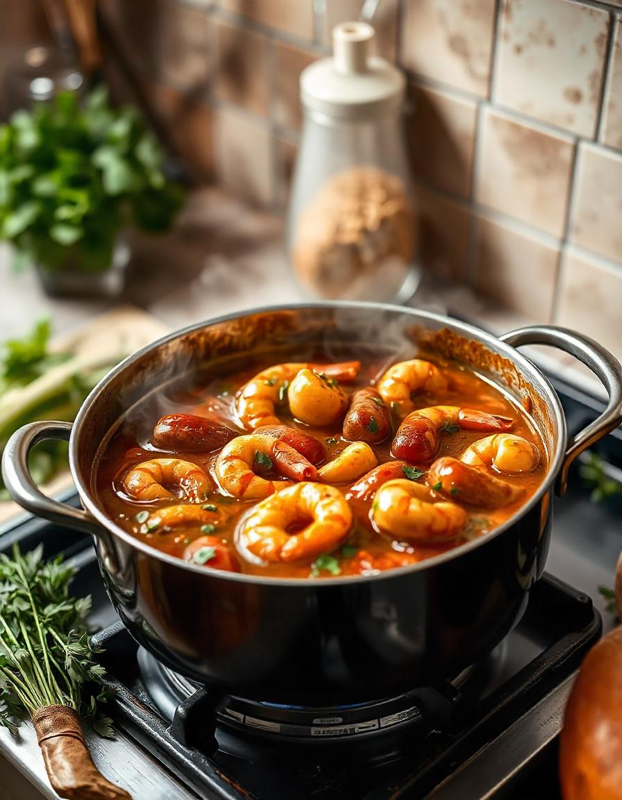 "Delicious bowl of homemade seafood gumbo with shrimp, crab, and a rich, flavorful broth served over rice."