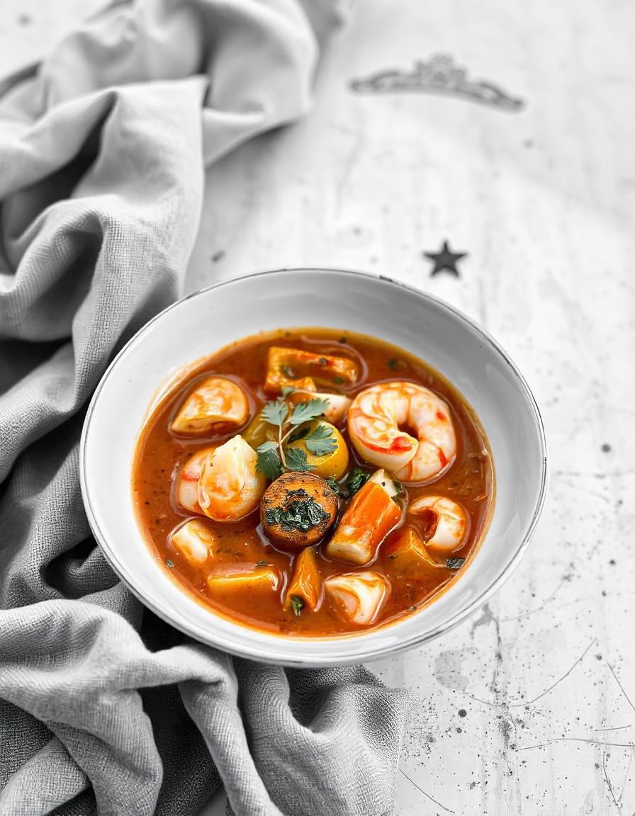 "Delicious bowl of homemade seafood gumbo with shrimp, crab, and a rich, flavorful broth served over rice."