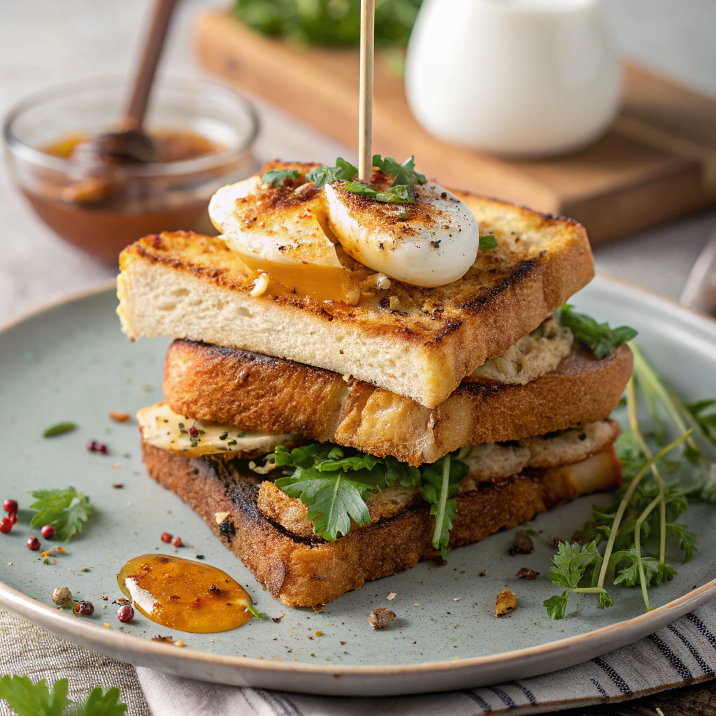 Delicious French toast served with juicy chicken and eggs for a savory breakfast.