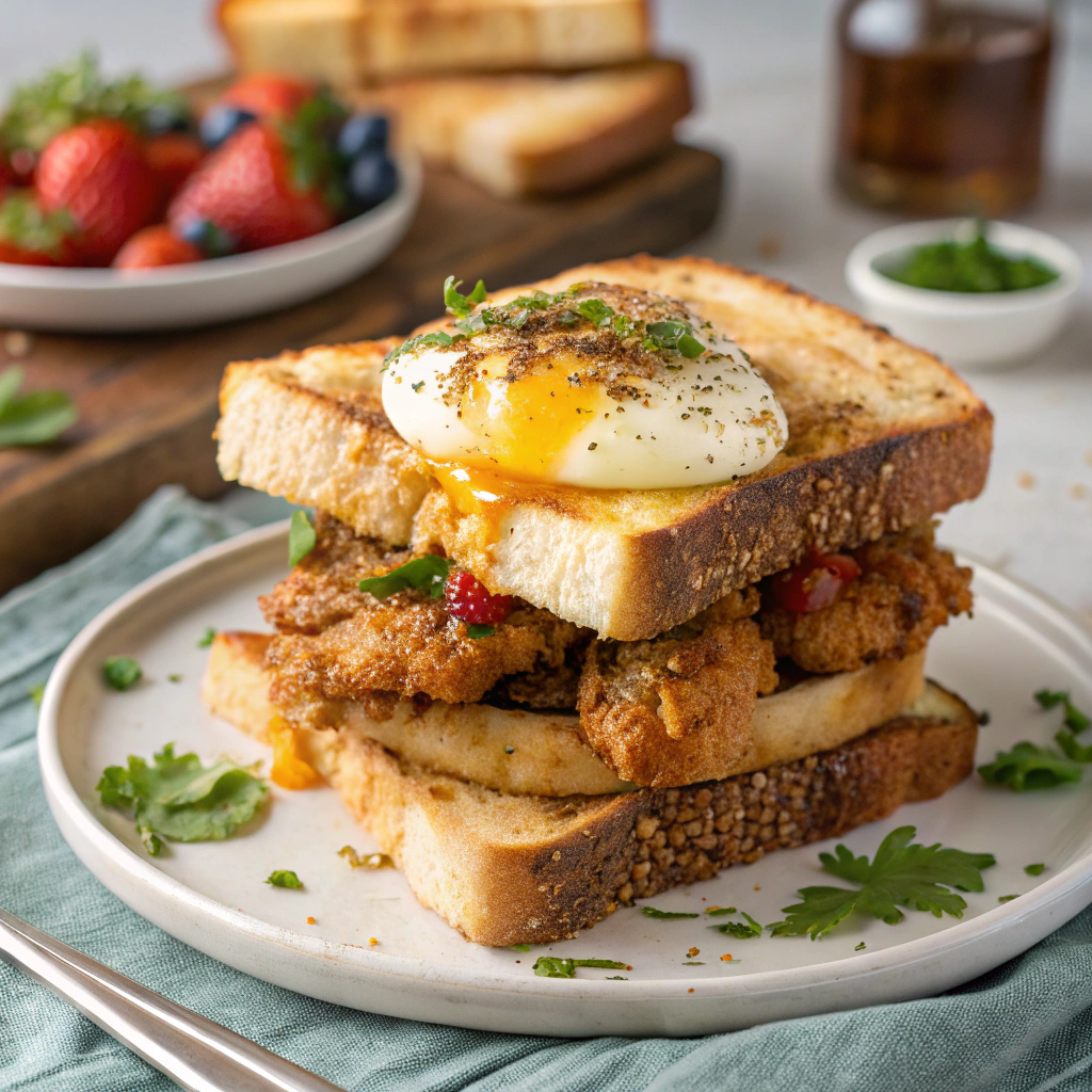 Delicious French toast served with juicy chicken and eggs for a savory breakfast.