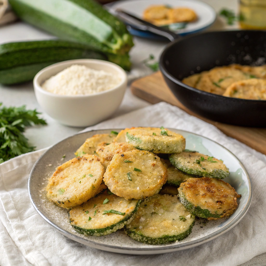 Crispy golden fried zucchini slices on a plate, garnished with fresh herbs and served with dipping sauces.
