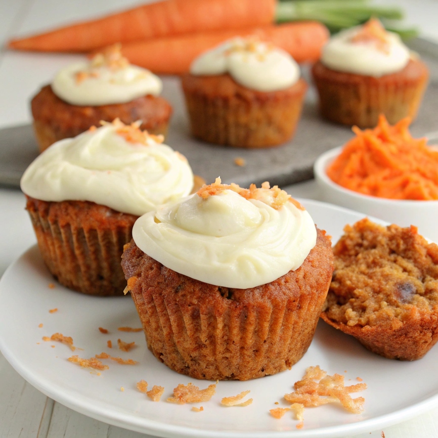 Gluten-free carrot cake muffins topped with cream cheese frosting, featuring a moist texture and vibrant orange color.