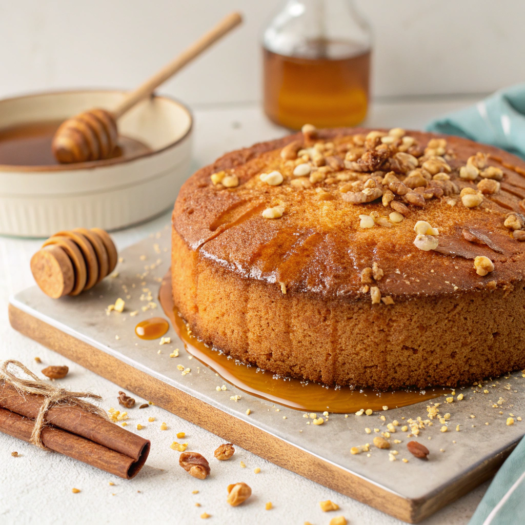 A golden-brown honey cake topped with nuts and drizzled with honey.