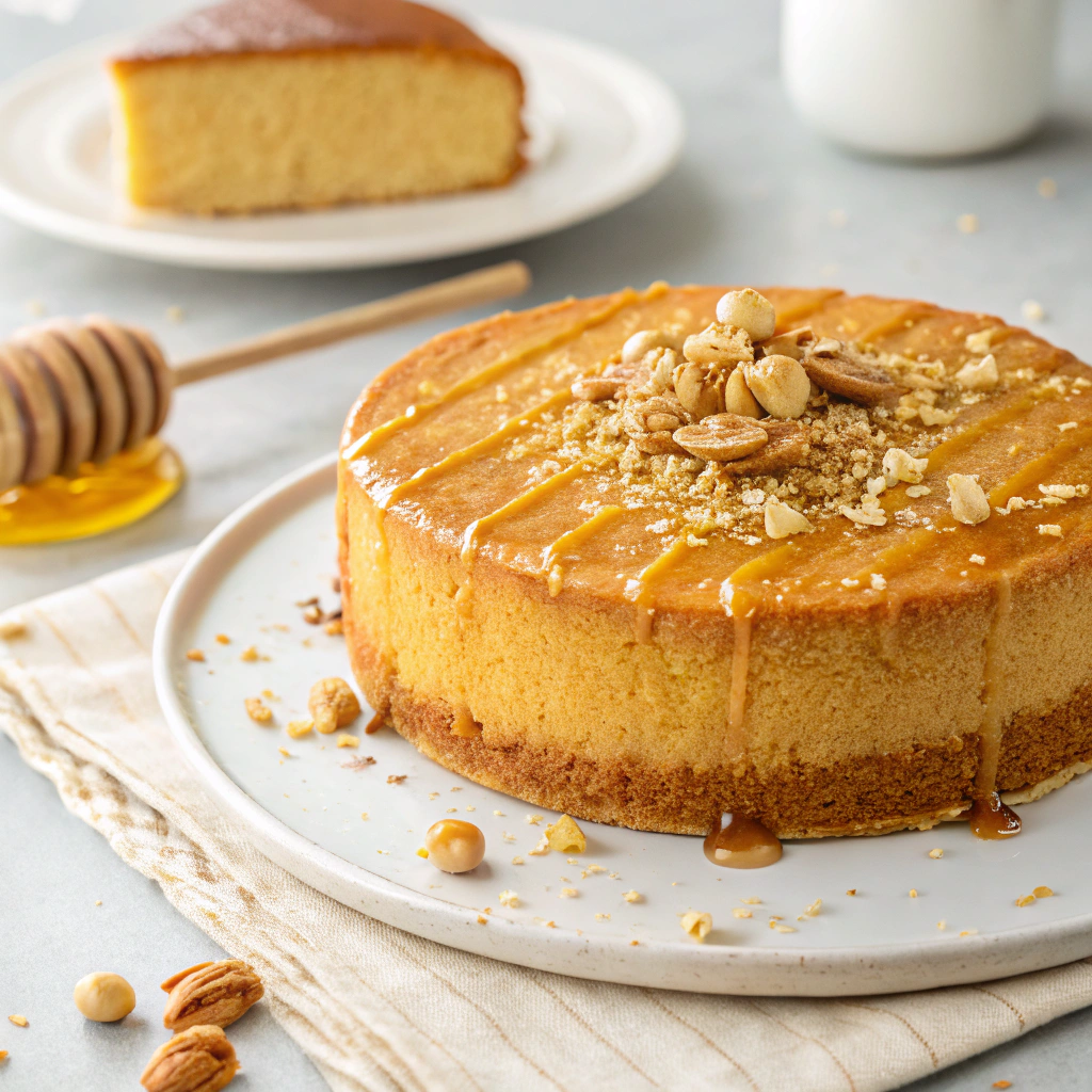 A close-up of a freshly baked honey cake with a caramelized top and a crumbly crust, displayed on a decorative plate.