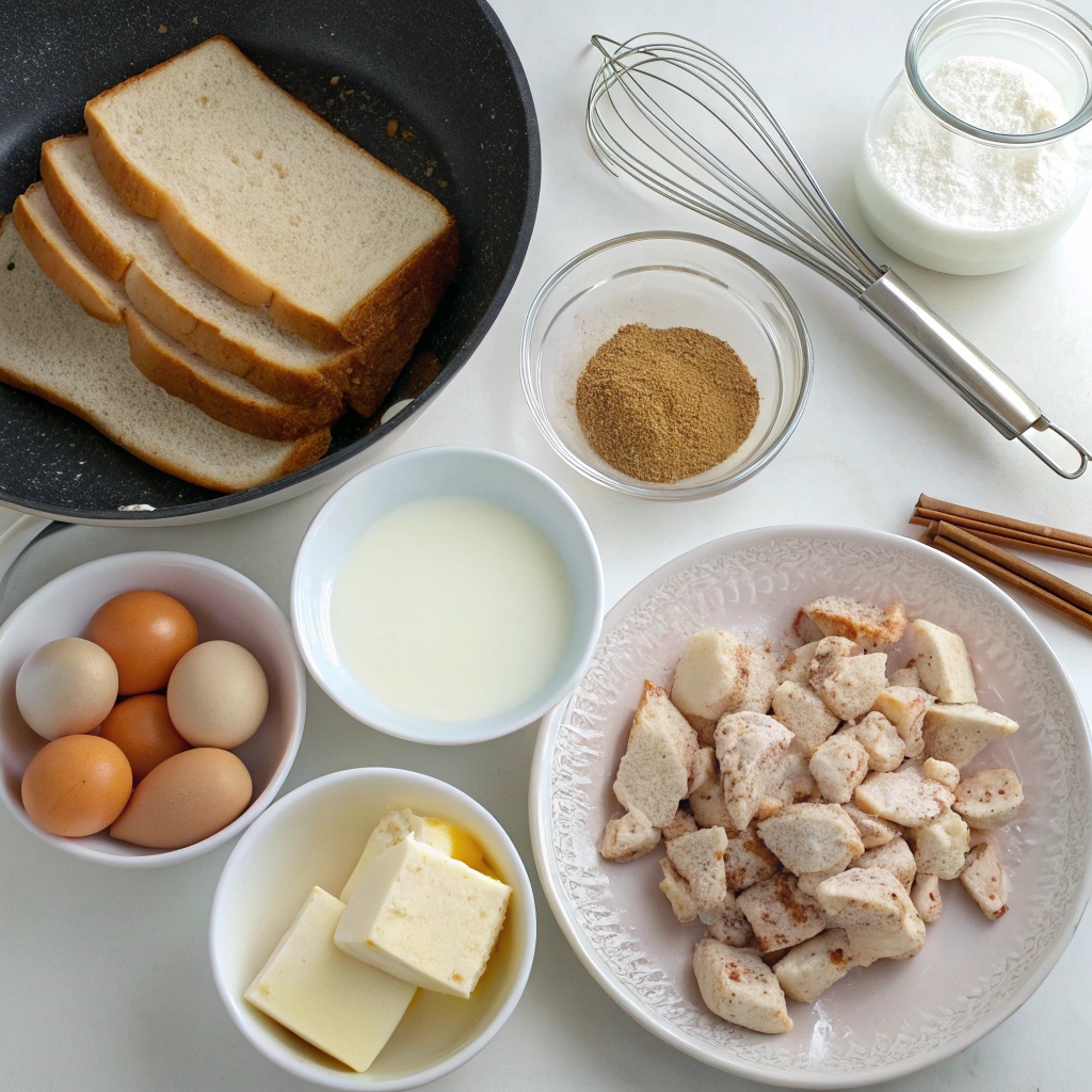 A colorful spread of ingredients for French Toast with Chicken and Eggs, including slices of bread, cooked chicken breast, eggs, fresh herbs, and syrup on a wooden table.