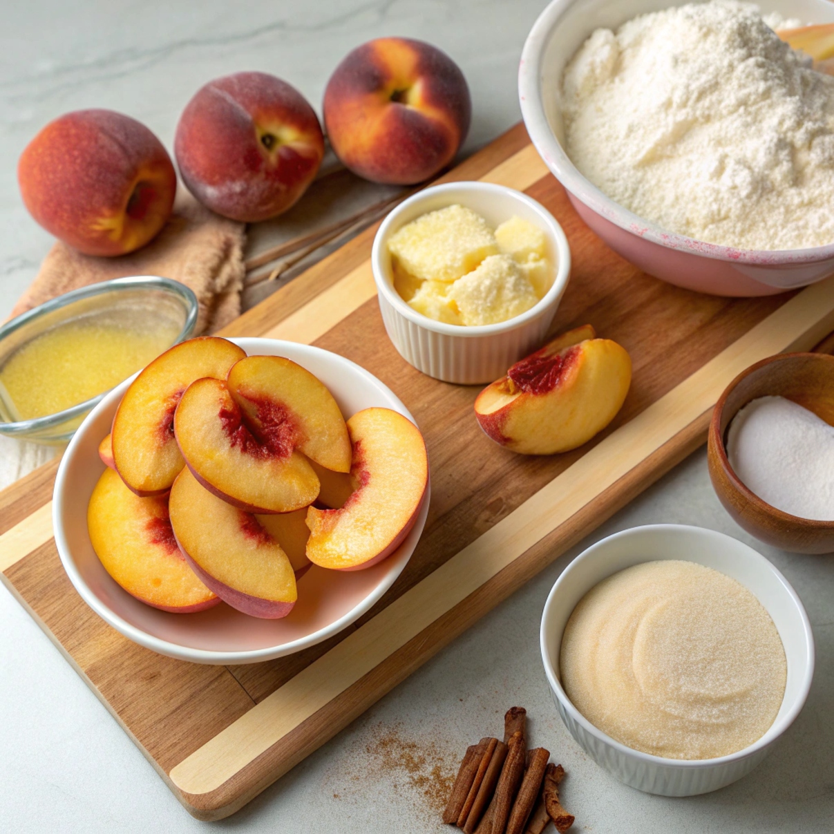 Ingredients for homemade peach cobbler Recipe including fresh peaches, sugar, flour, cinnamon, and butter