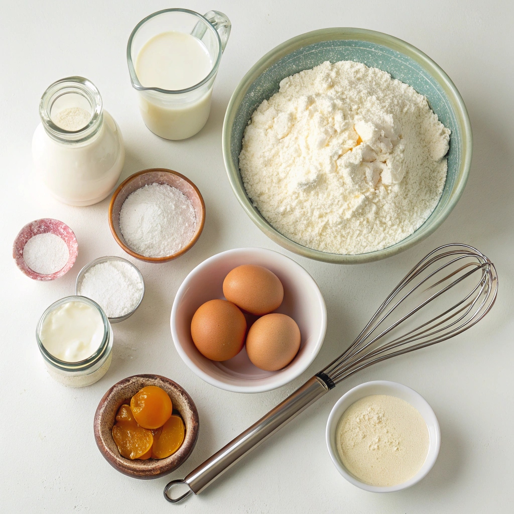 A beautiful flat lay of ingredients for ricotta pancakes, including fresh ricotta cheese, eggs, flour, vanilla extract, milk, sugar, baking powder, and optional fruits and spices.