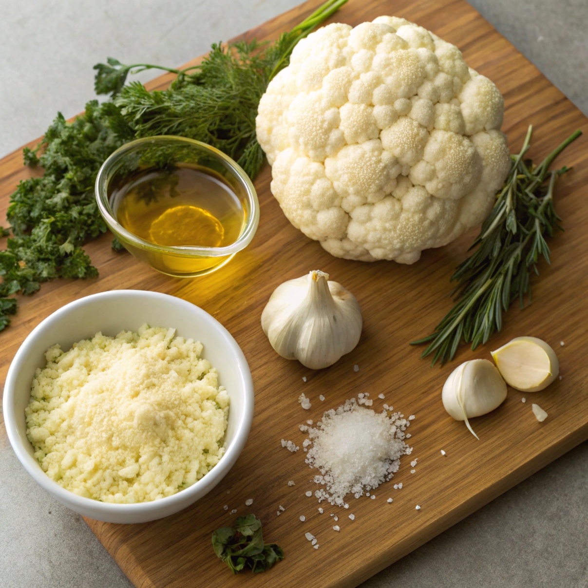 Ingredients for roasted cauliflower with Parmesan cheese including fresh cauliflower, olive oil, Parmesan, garlic, and seasonings