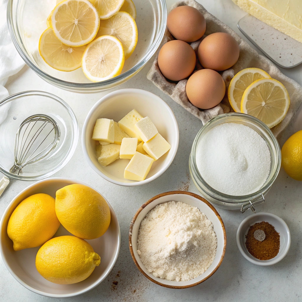 Lemon cake ingredients laid out on a counter, including flour, sugar, eggs, lemons, and butter.