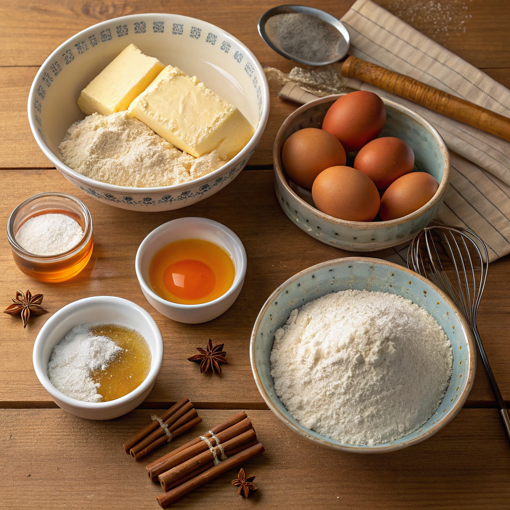  Flour, honey, spices, and eggs arranged on a baking surface.