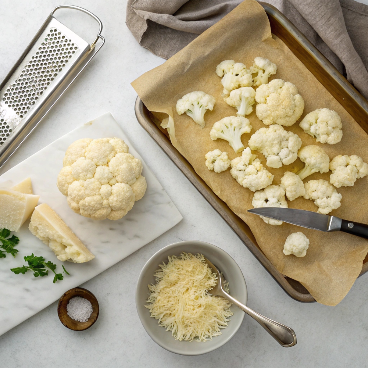 Step-by-step instructions for roasting cauliflower with Parmesan cheese in the oven