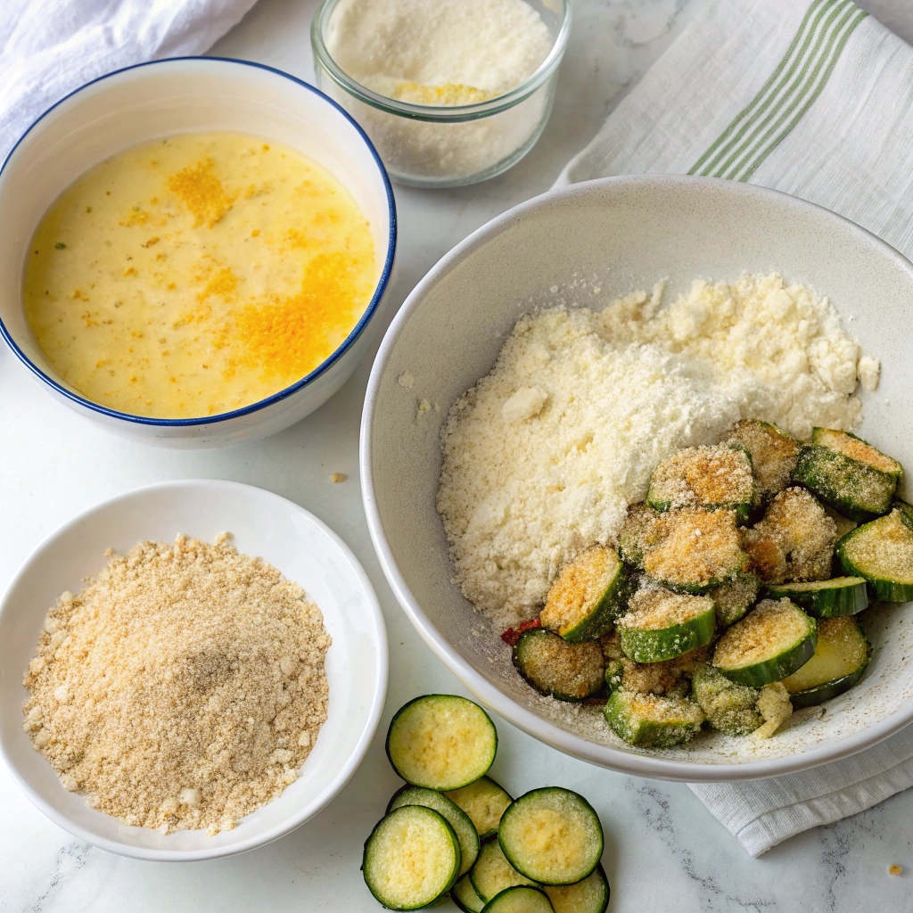 A sequence of photos showing the process of preparing fried zucchini — from coating slices in flour, dipping in egg, rolling in breadcrumbs, to frying in hot oil.