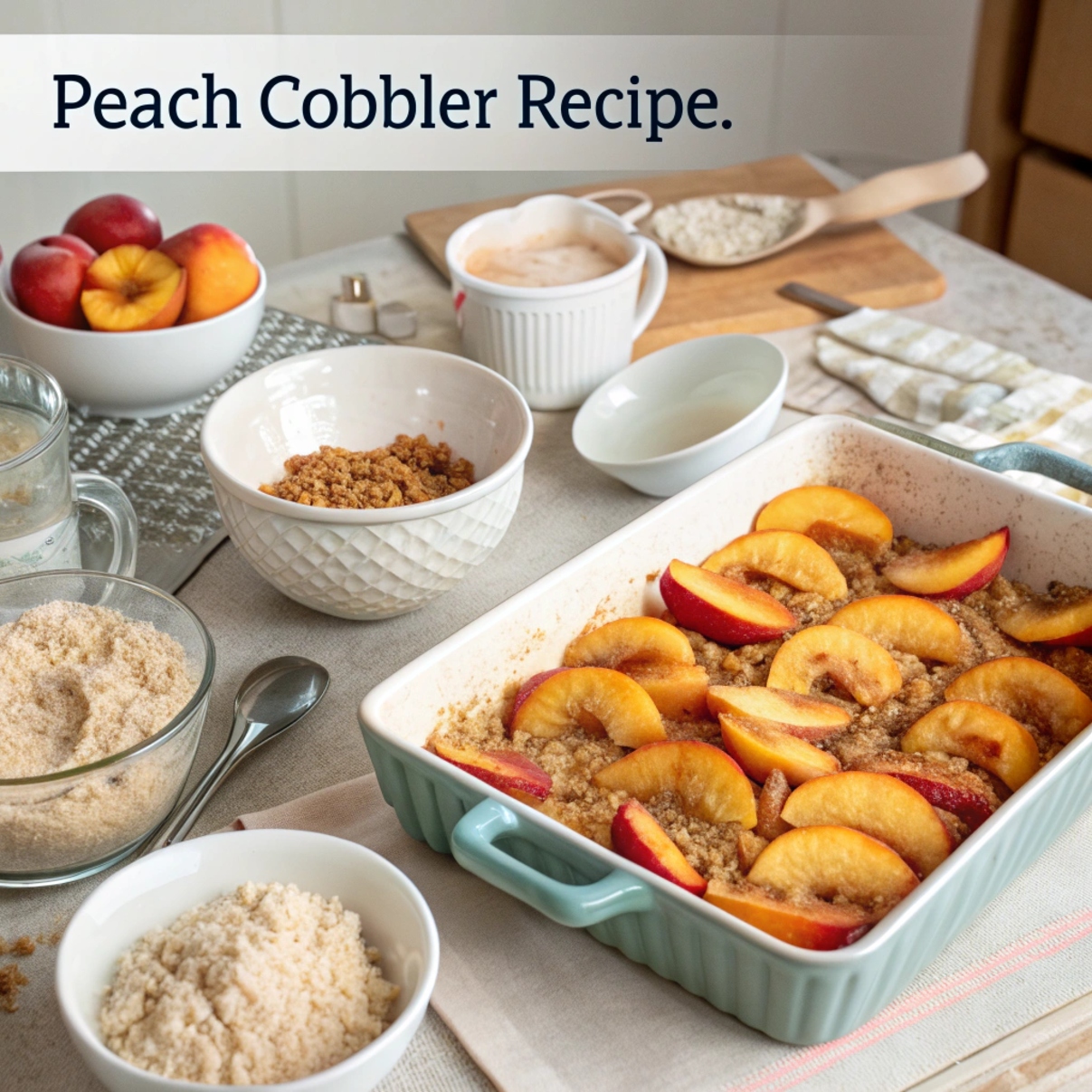 Step-by-step instructions for making peach cobbler, recipe including mixing batter and layering peaches before baking