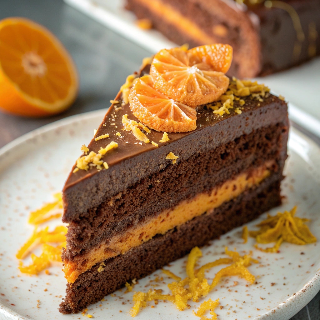 A slice of rich chocolate cake layered with bright orange custard, garnished with orange zest and candied orange slices.