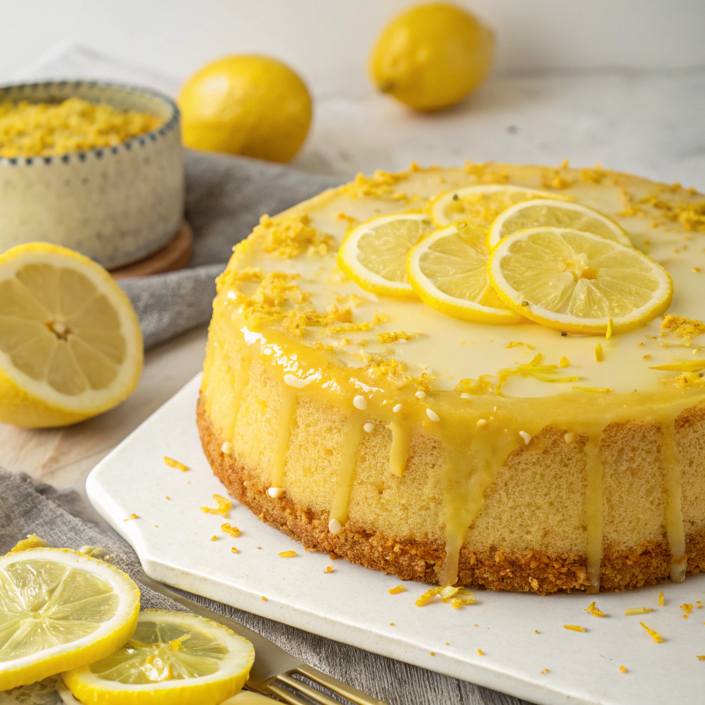 A whole lemon cake topped with glossy lemon glaze and garnished with lemon slices and zest.