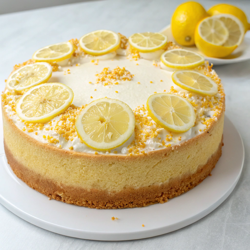 A slice of lemon cake topped with lemon glaze and zest, showcasing its light and moist texture.