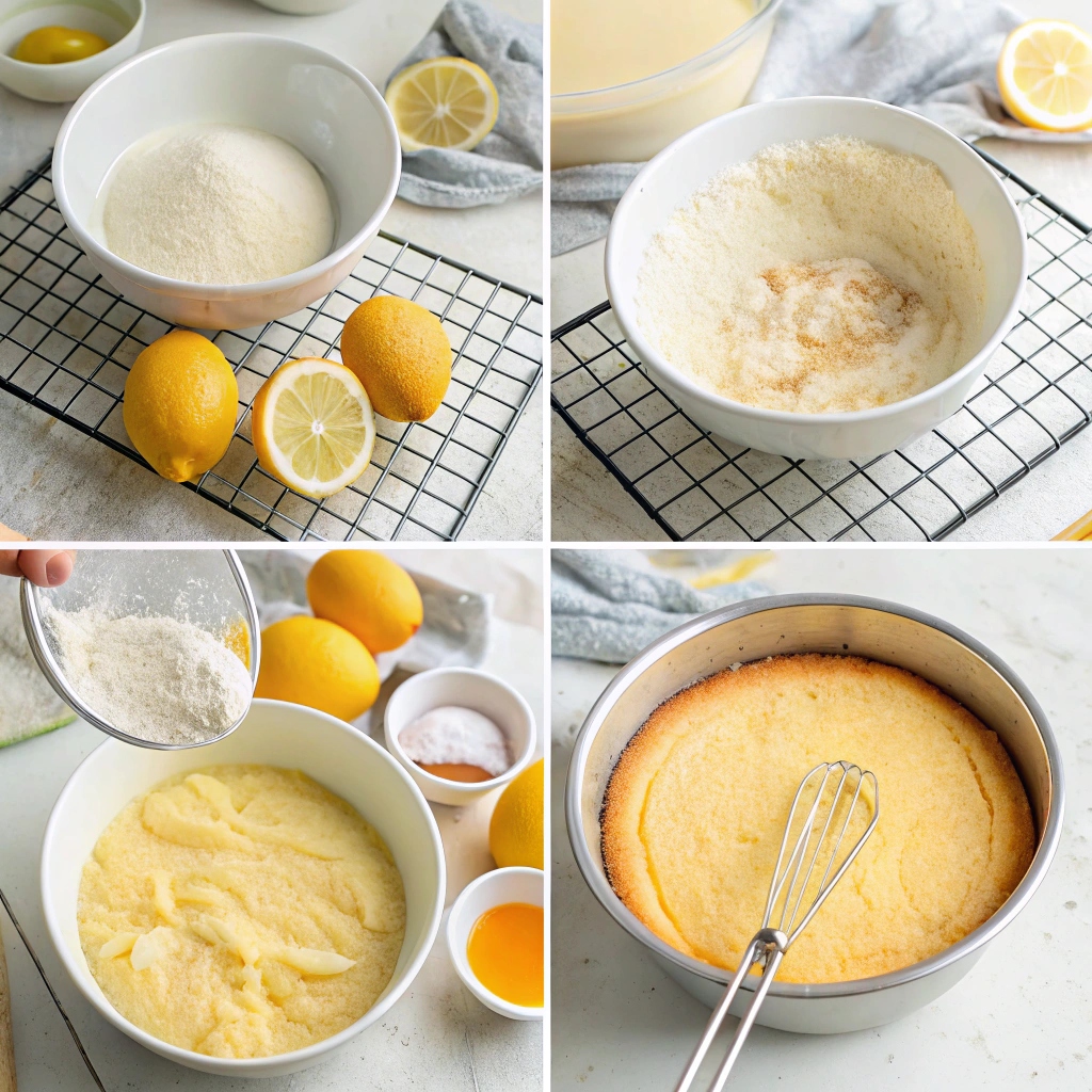 Step-by-step process of making lemon cake, from mixing batter to pouring it into a cake pan