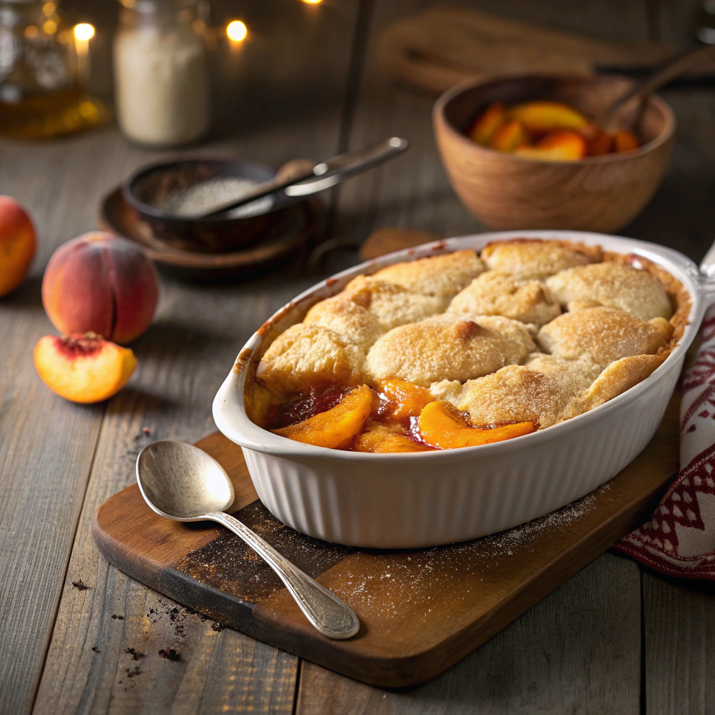 A warm and golden peach cobbler served in a baking dish, with a crispy topping and juicy peach filling, garnished with a scoop of vanilla ice cream.