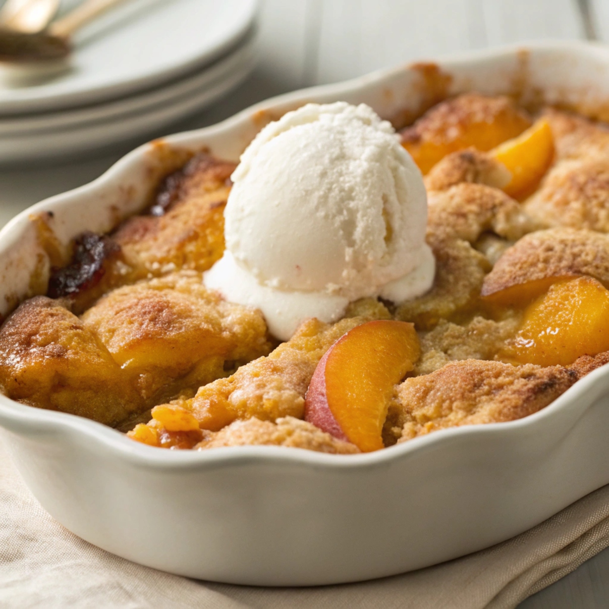 Delicious and golden peach cobbler served with a scoop of ice cream